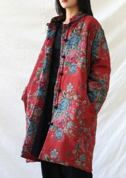 Women Red Print Floral Vintage Parkas Linen Pockets Winter New Chinese Style Parkas